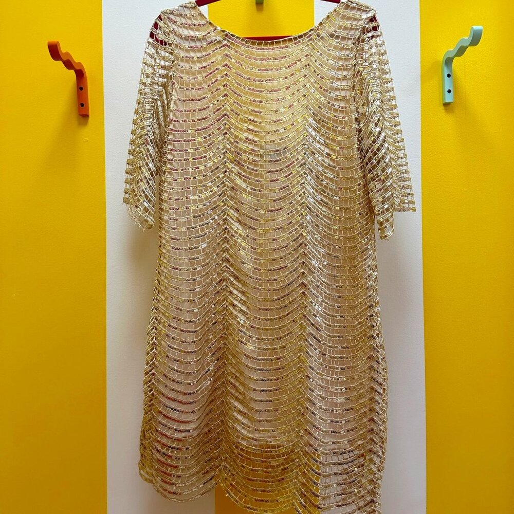 Gold Wave Sequin Dress with Scalloped hem and Flapper Esque Cut Size L